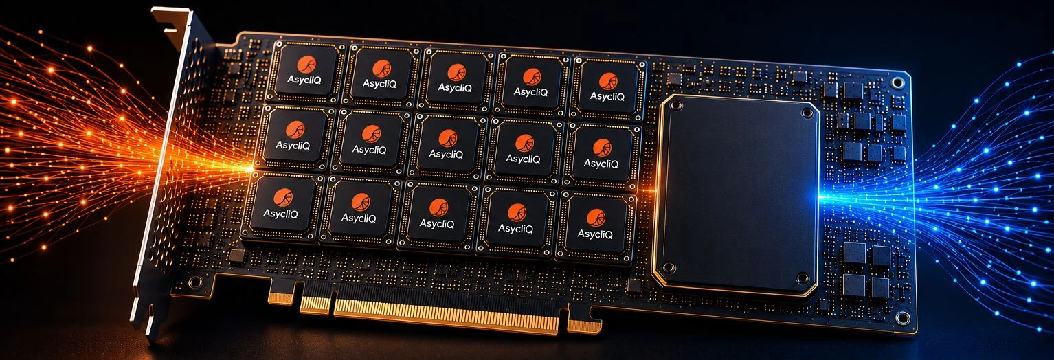 Concept rendering of the Asycliq Grove accelerator card, illuminated by orange and blue data paths