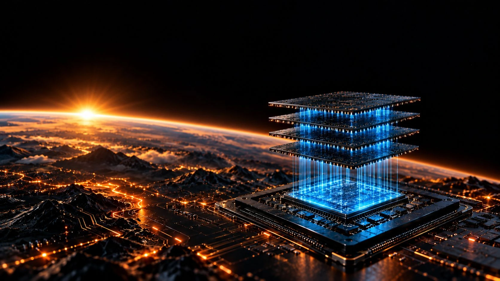 A glowing blue stack of memory above a processor, with an orange sunrise over a circuit landscape